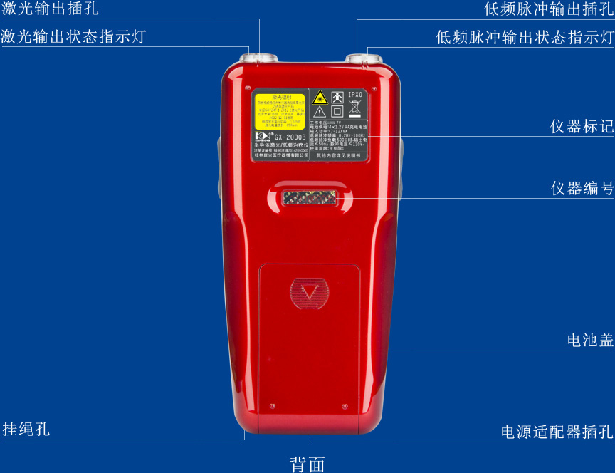 康興三高半導(dǎo)體激光/低頻治療儀GX-2000B背面信息介紹-康興官網(wǎng)